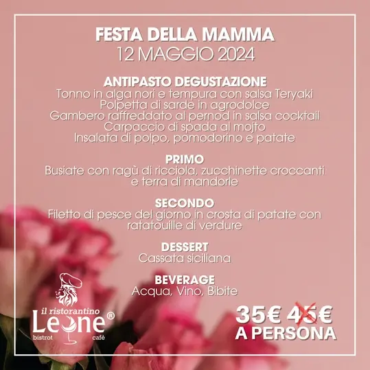 Menù del pranzo della Festa della Mamma al Ristorantino Leone a base di pesce